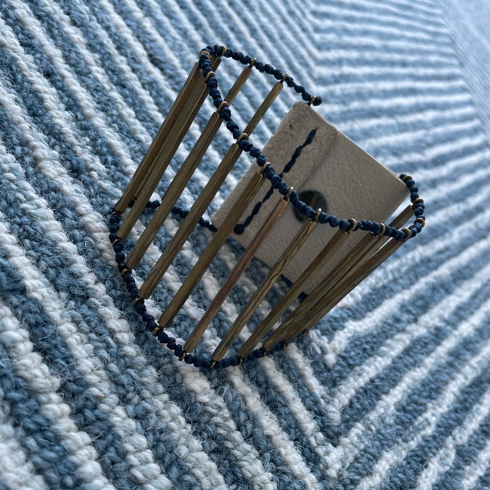 Brass and leather cuff bracelet with Navy Stitching